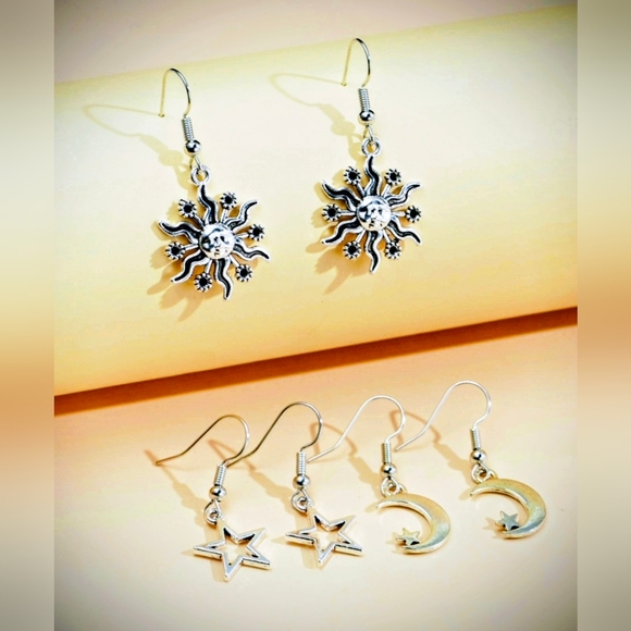Silver Sun, Moon, and Star Earrings Set - Picture 4 of 4
